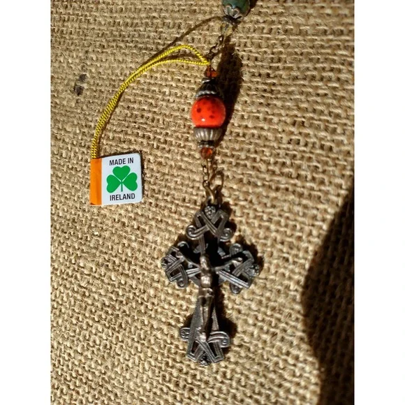 Connemara Marble Rosary Beads Green Orange Celtic Cross Necklace Made in Ireland - Picture 3 of 9